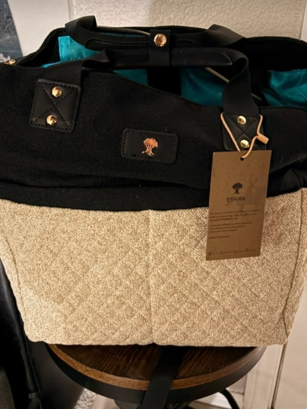 Esvan 3-In-1 Tote Backpack Diaper Bag Black/Beige Water Resistant Insulated New